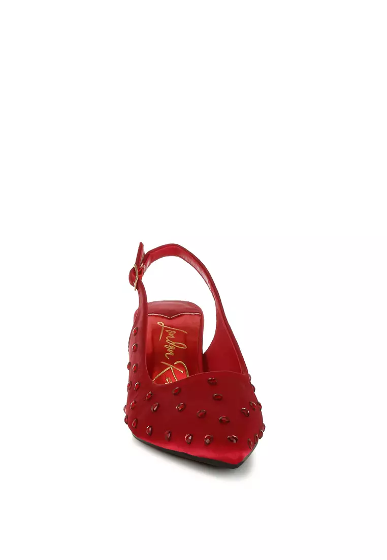 酒紅色心型水鑽鑲嵌露跟鞋