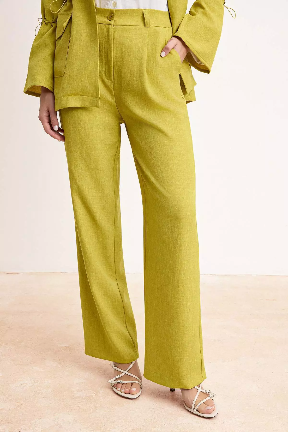Oil Green Linen Mixed Beli Ruched Detail Tunic Pant Bottom - Top Set Tctss26Us00030