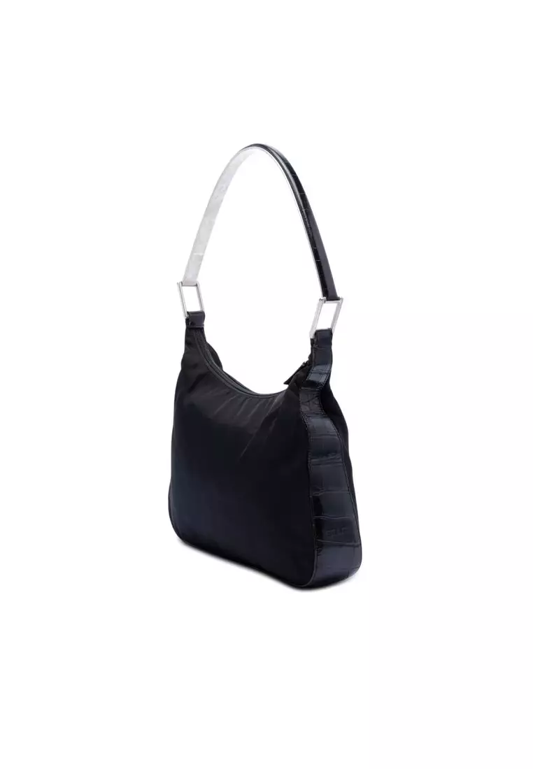Pre-Loved Prada Croc Embossed Leather Trimmed Tessuto Shoulder Bag