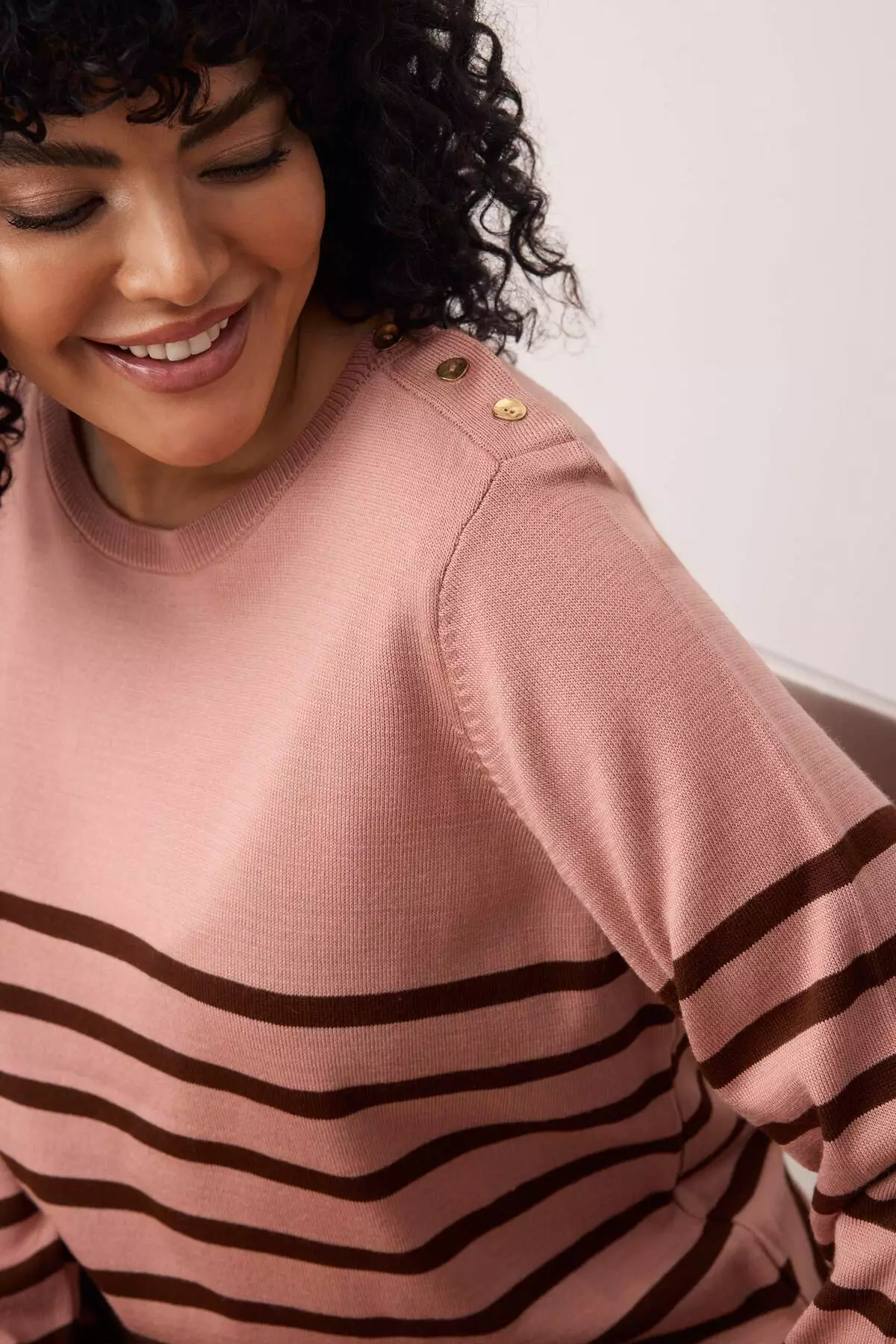 Brown-Pink Striped Crew Neck Knitwear Sweater Tbbaw23An00119