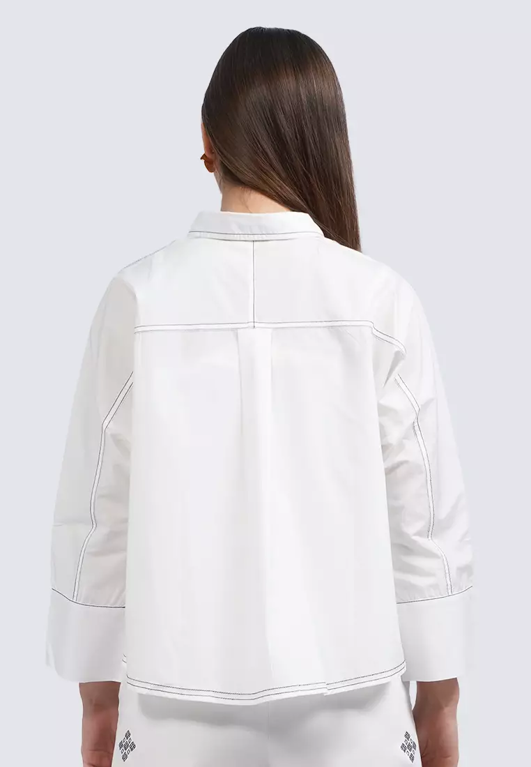 Contrast Stitch Long Sleeve Blouse OFF WHITE