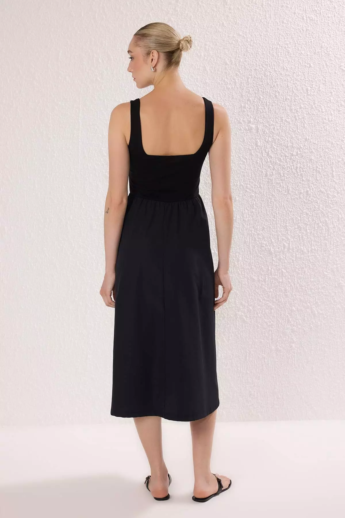 Black Skirt Waist Opening Top Stretchy Knitted Midi Dress