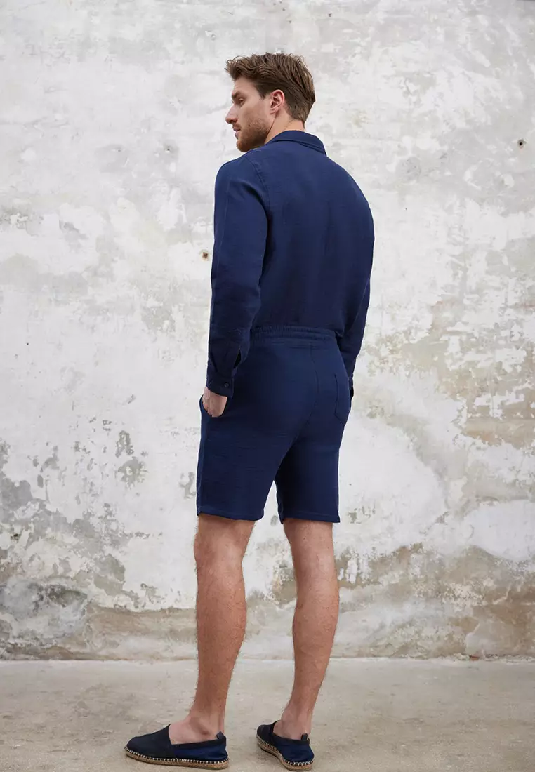 Navy Blue Regular Fit Muslin Fabric Linen Look 100% Cotton Shorts TMNSS25SR00059
