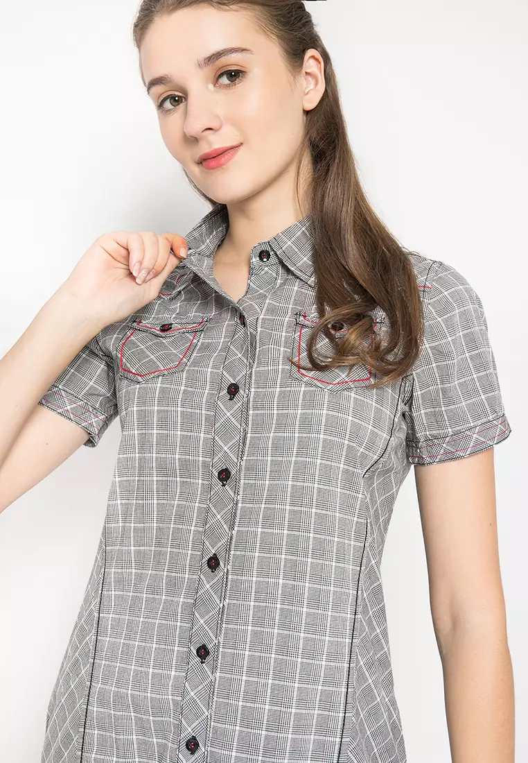 LGS - Kemeja Casual Wanita - Lengan Pendek - Kotak-Kotak - Abu-Abu - LSH.380.O1117.401.C