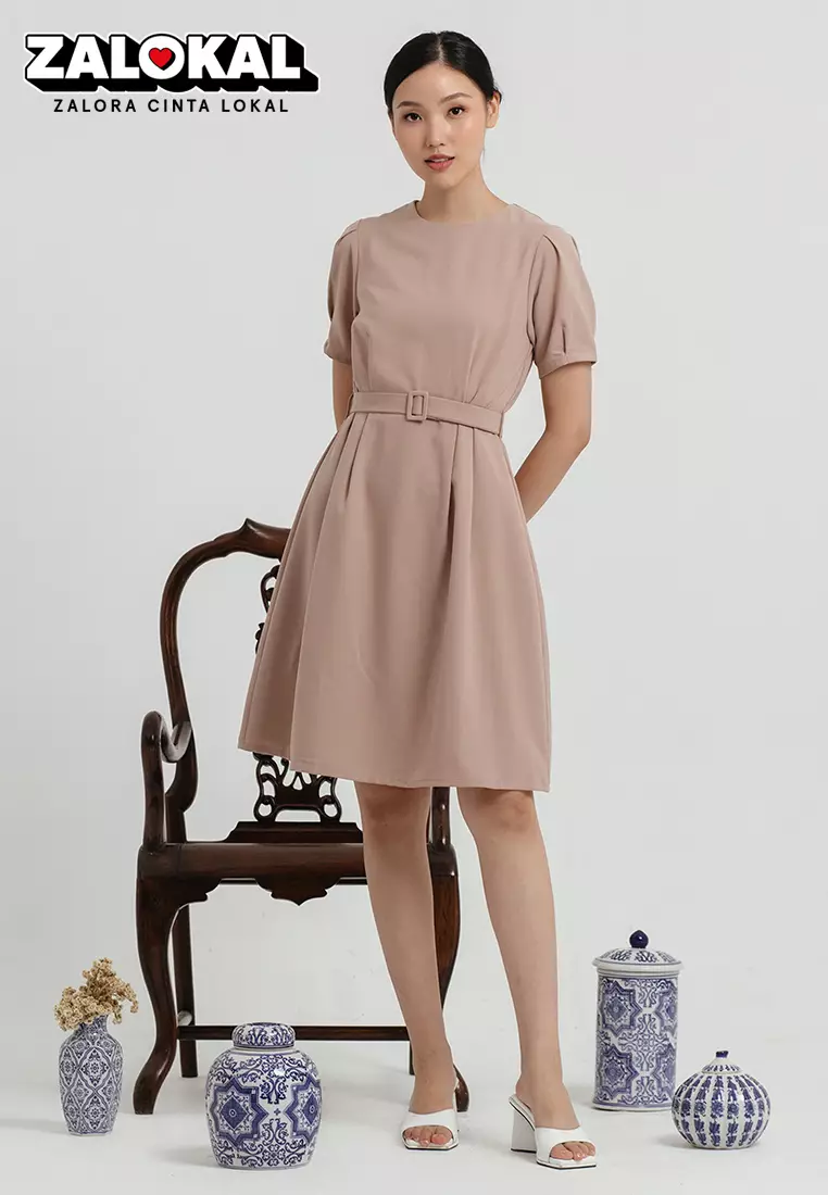 Beige store belted dress
