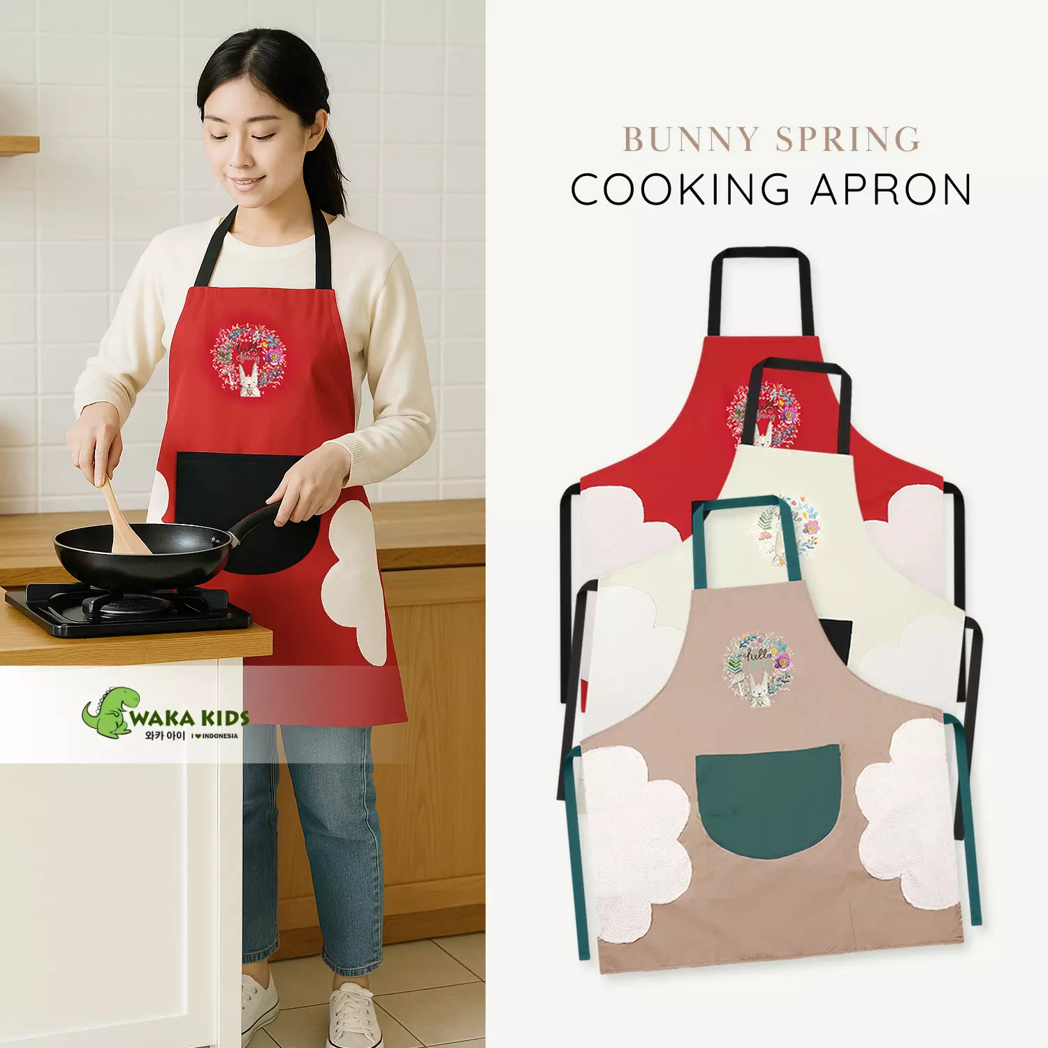 Wakakids Apron Celemek Masak Dapur Waterproof Anti Air dan Anti Minyak Motif Bunny Spring Venrc Peach