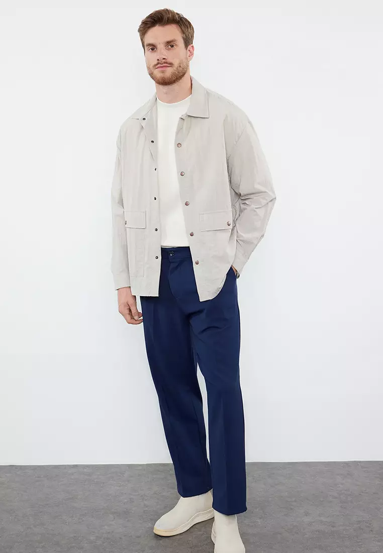 Navy Blue Pleated Classic Baggy Fit Fabric Trousers TMNSS24PL00024