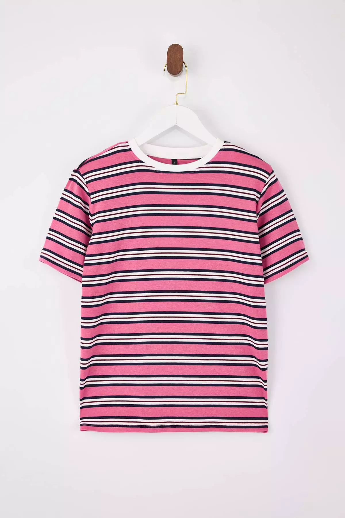 Pink Striped Regular/Normal Fit Short Sleeve Tok 1% Cotton Shoulder Pad Piece Knitted T-Shirt Twoss26Ts31