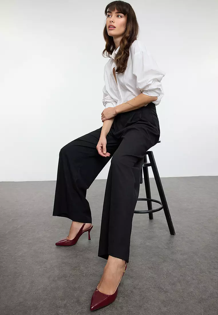 Pointed Toe Claret Red Thin Heeled Women's Shoes - Gold Buckle, Open Back