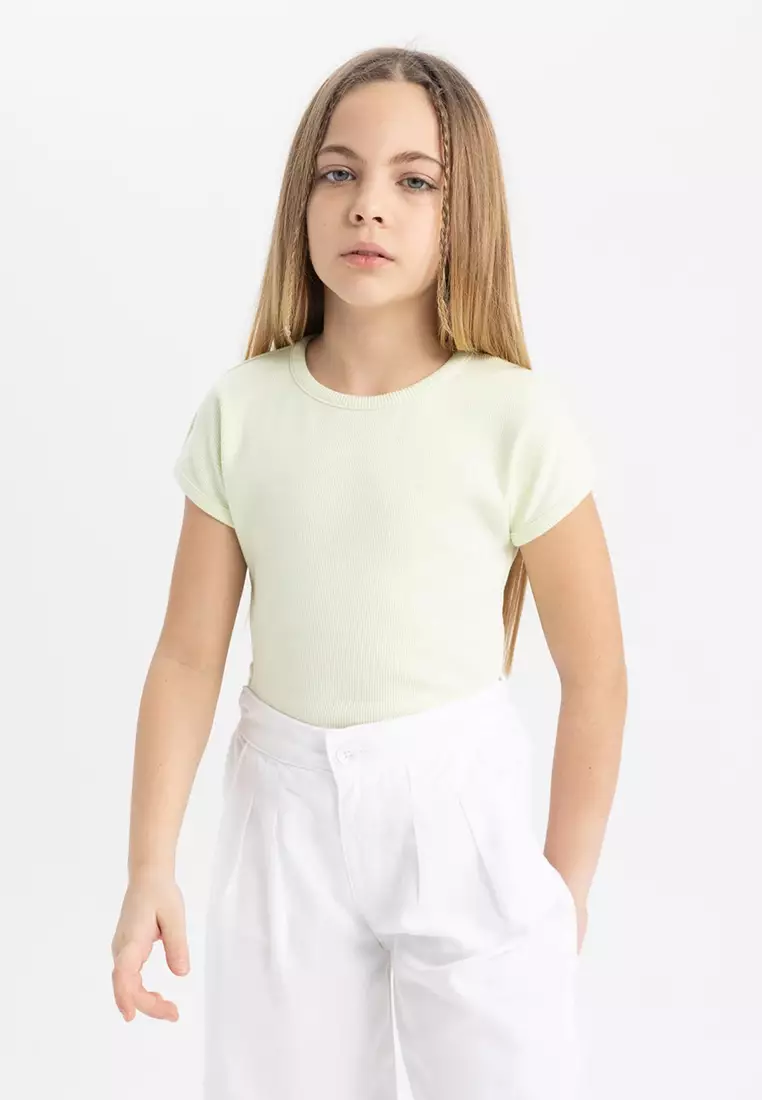 Slim Fit Slim Cut Crew Neck Basic Plain Ribbed Camisole Short Sleeve T-Shirt