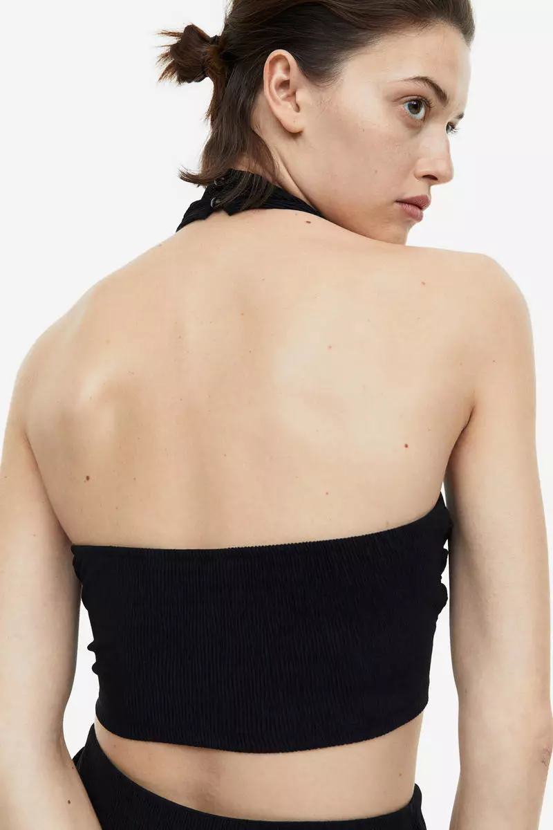 Ribbed HalterNeck Crop Top - Black