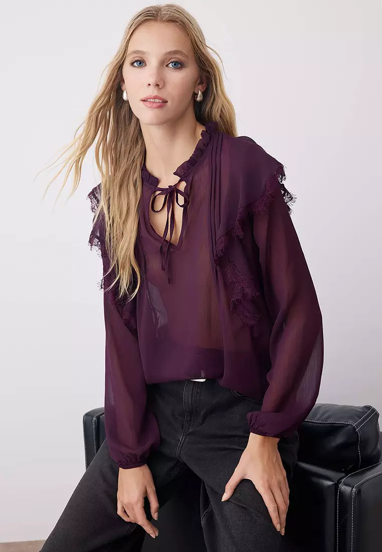 Plum Chiffon Transparent Lace Detailed Woven Blouse Twoaw26Bz00182