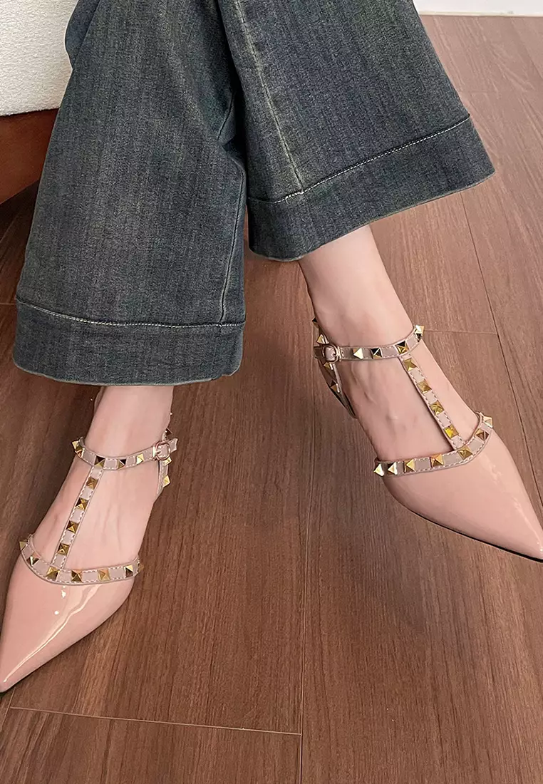 3CM Rivet T-strap Slingback Mid Heels WW875-5