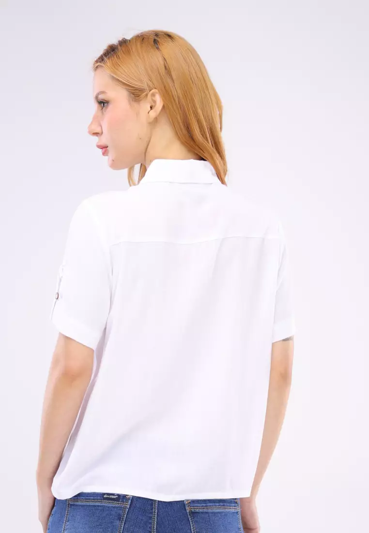 Plain Woven Short Sleeves Blouse