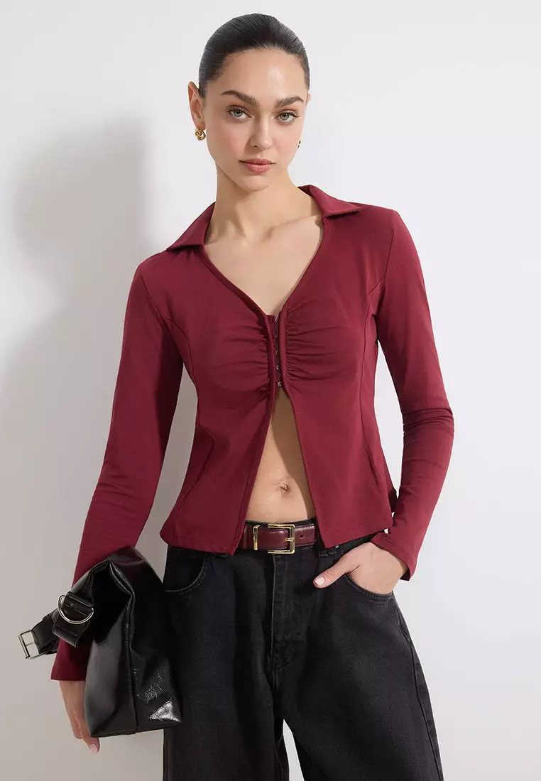 Burgundy Fitted Polo Neck Buttoned Drawstring Cotton Stretch Knit Blouse Twoss26Bz98