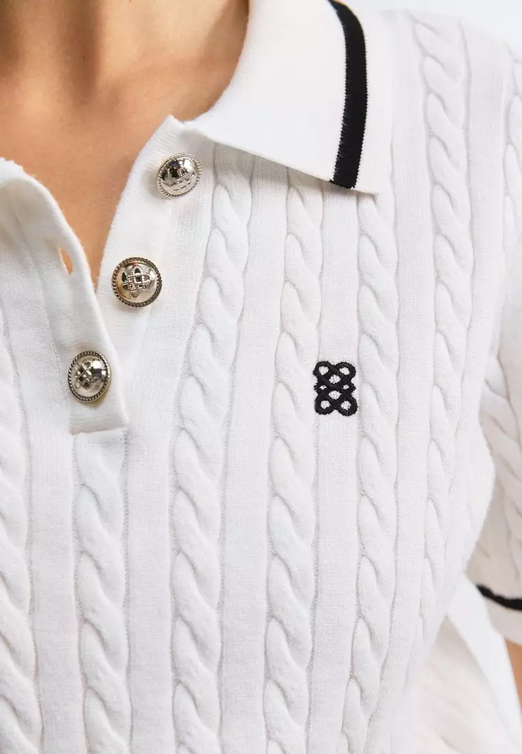 Cable Knitted Polo Top with Silver Hardware Detail - White
