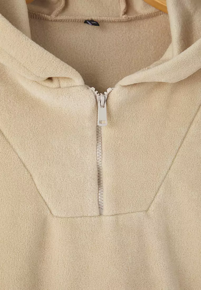 Beige Hooded Thick Fleece Knit Sweatshirt