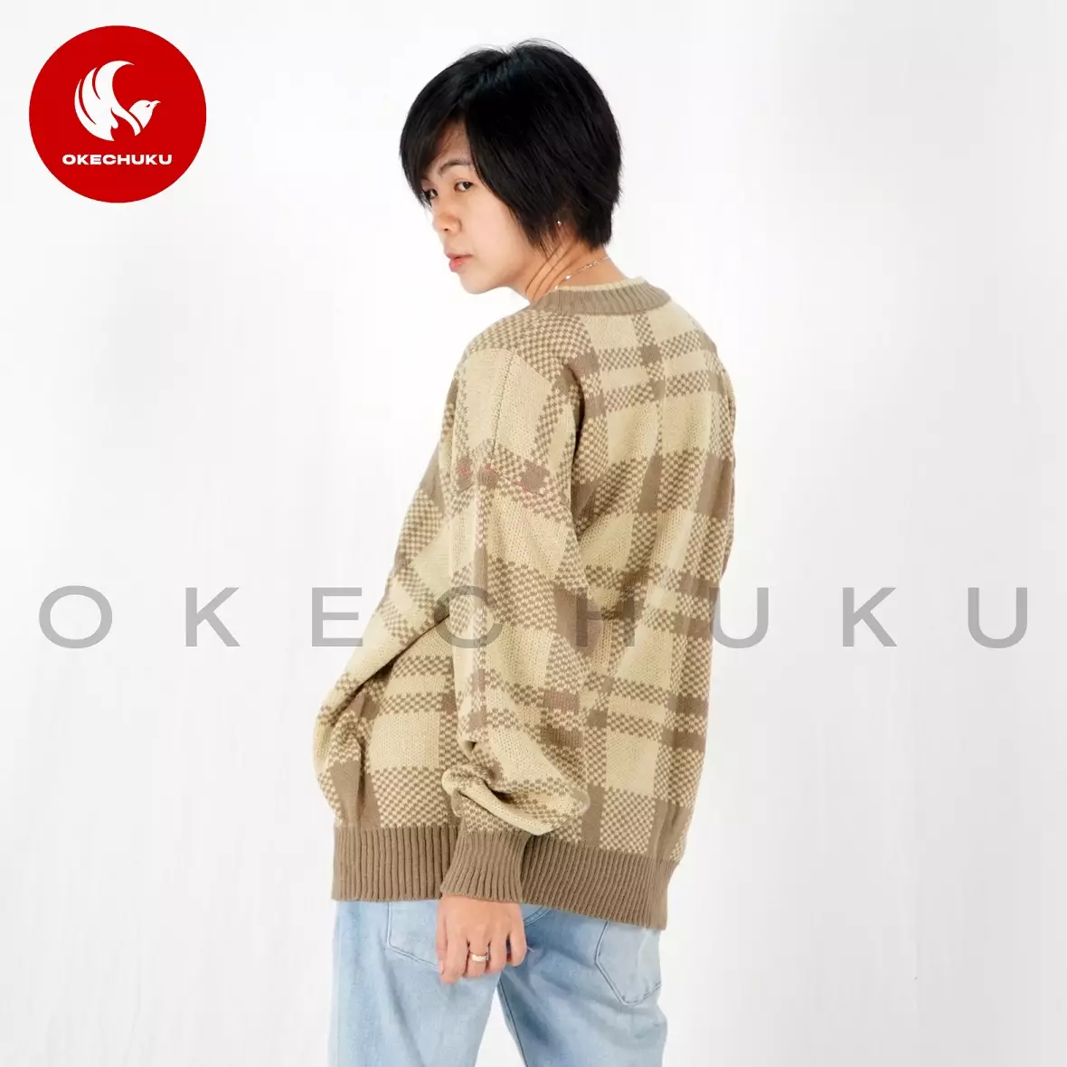 KINAN Knit Sweater Rajut Unisex V Neck Sweater Pria Wanita - Mocca