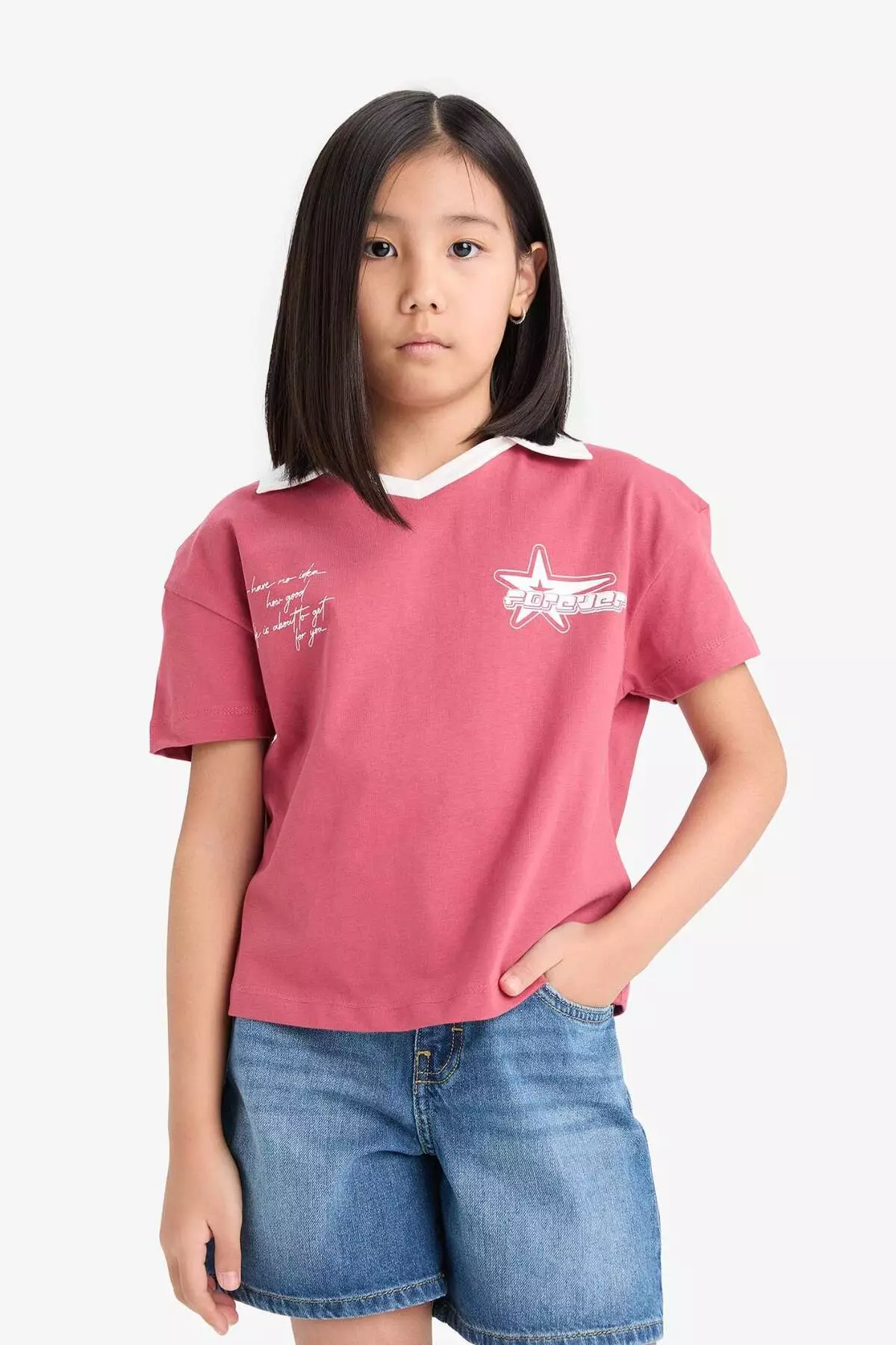 Girl's Boxy Fit Polo Neck Printed Short Sleeve T-Shirt E1034A825Sm