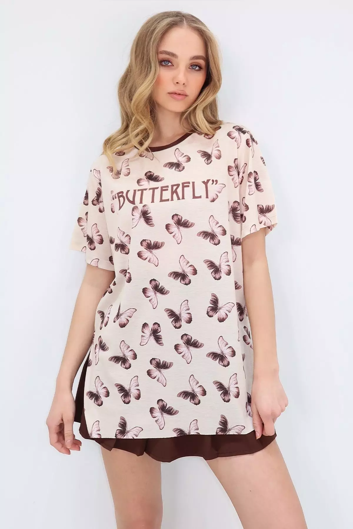 Women's Stone Crew Neck Digital Printed Side Slit Sweatshirt