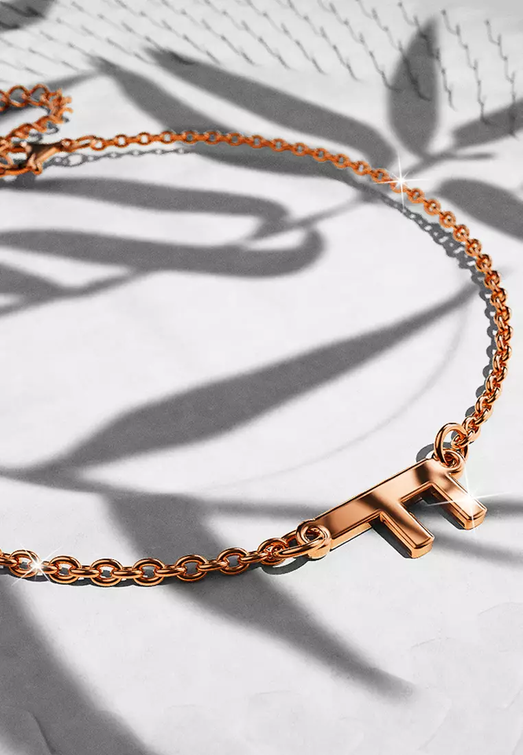 Bold Alphabet Letter Initial Charm Bracelet in Rose Gold Tone - F