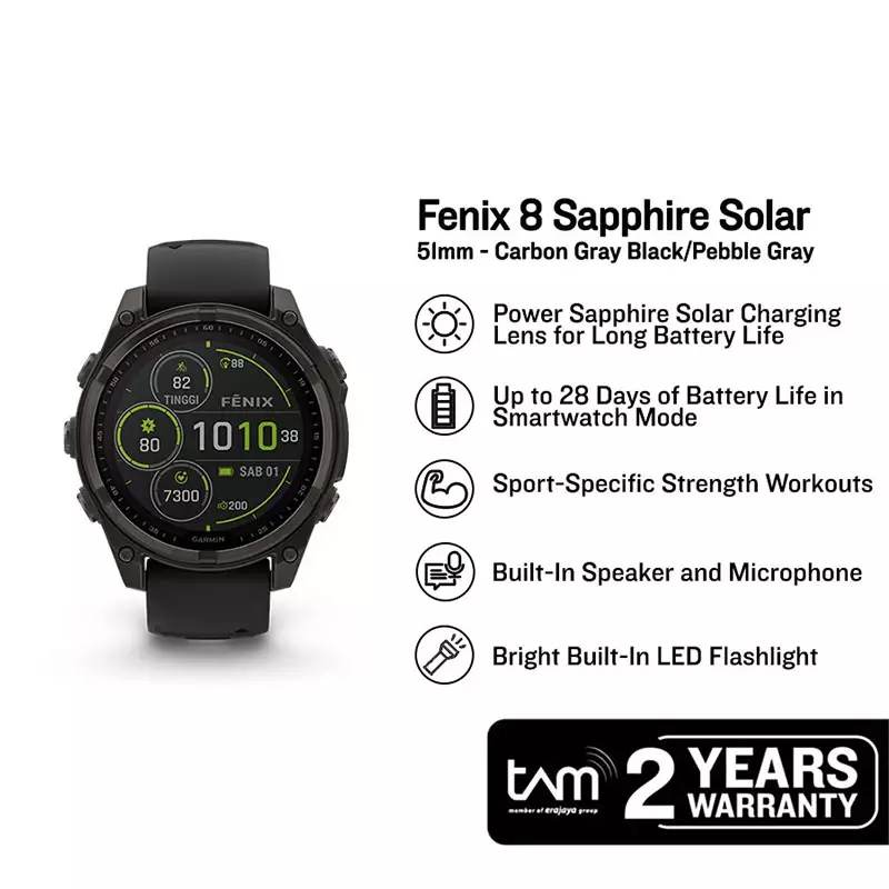 Jam Tangan Pria Garmin Fenix 8 51 010-02907-70 Smartwatch Solar Carbon Grey DLC Titanium Black Grey Silicone Band