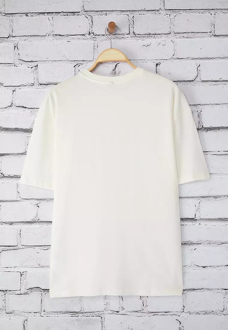 Ecru Oversize/Wide Cut Joke Printed Short Sleeve 100% Cotton T-Shirt TMNSS25TS00170