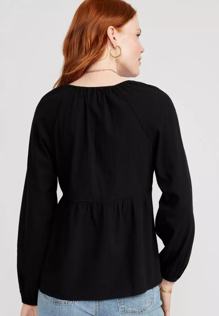 Long-Sleeve V-Neck Crinkled Boho Top for Women