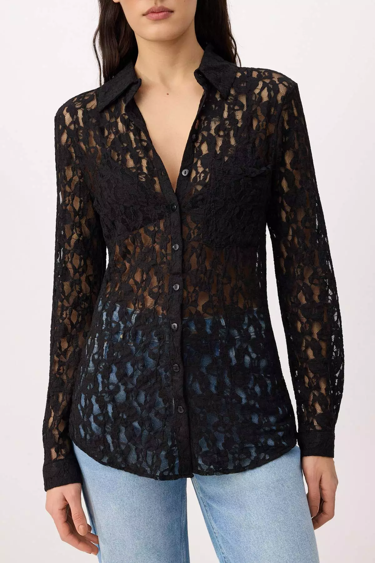 Black Plain Fitted Shirt Collar Long Sleeve Lace Knitted Shirt Twoss26Go173