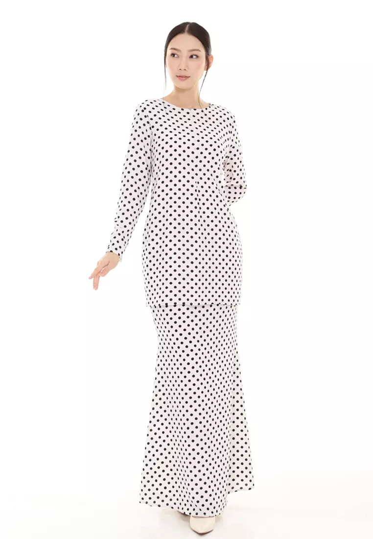 Rina Polka Dot Printed Kurung Basic Modern in White