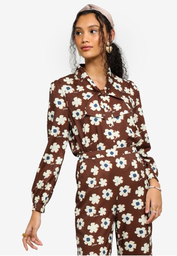 Lubna brown Printed Bow Detail Blouse 4F1C4AA7693852GS_1