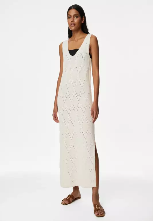 Cotton Rich Textured V-Neck Knitted Dress