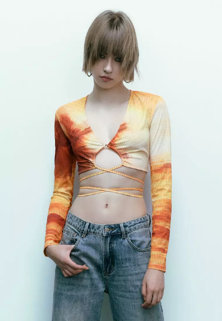 女装时髦欧美绑带辣妹印花短款开襟衬衫