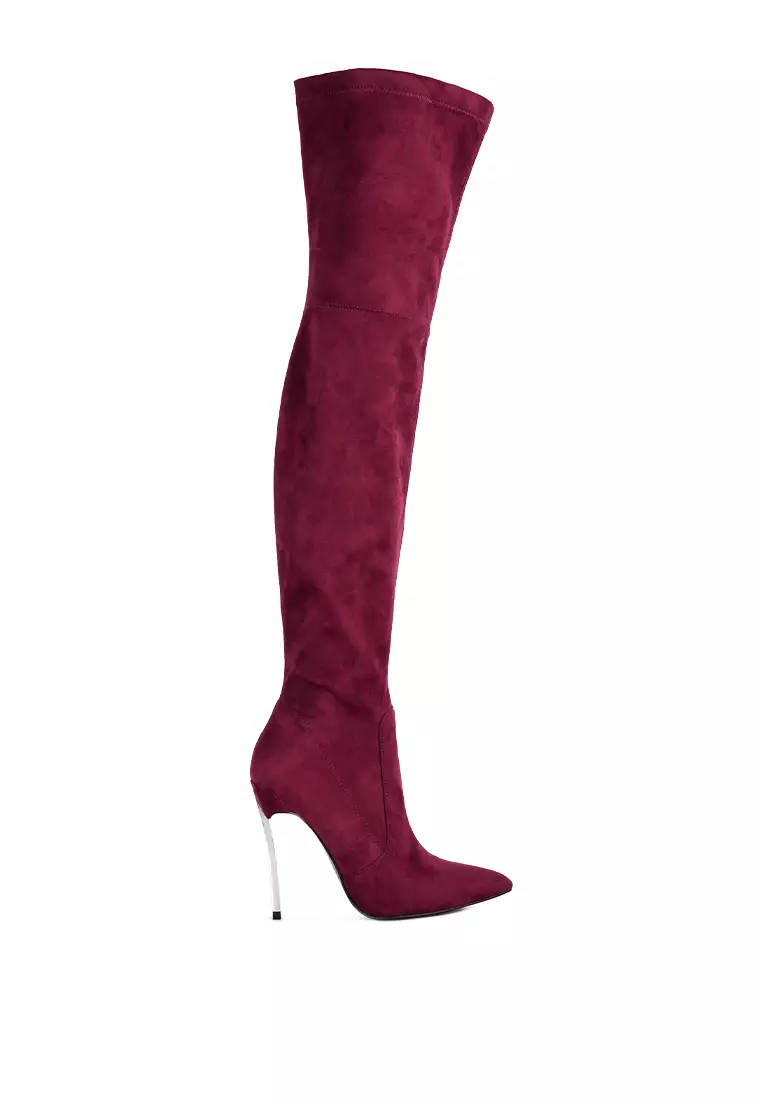 Burgundy Stretch Suede Micro High Knee Boots