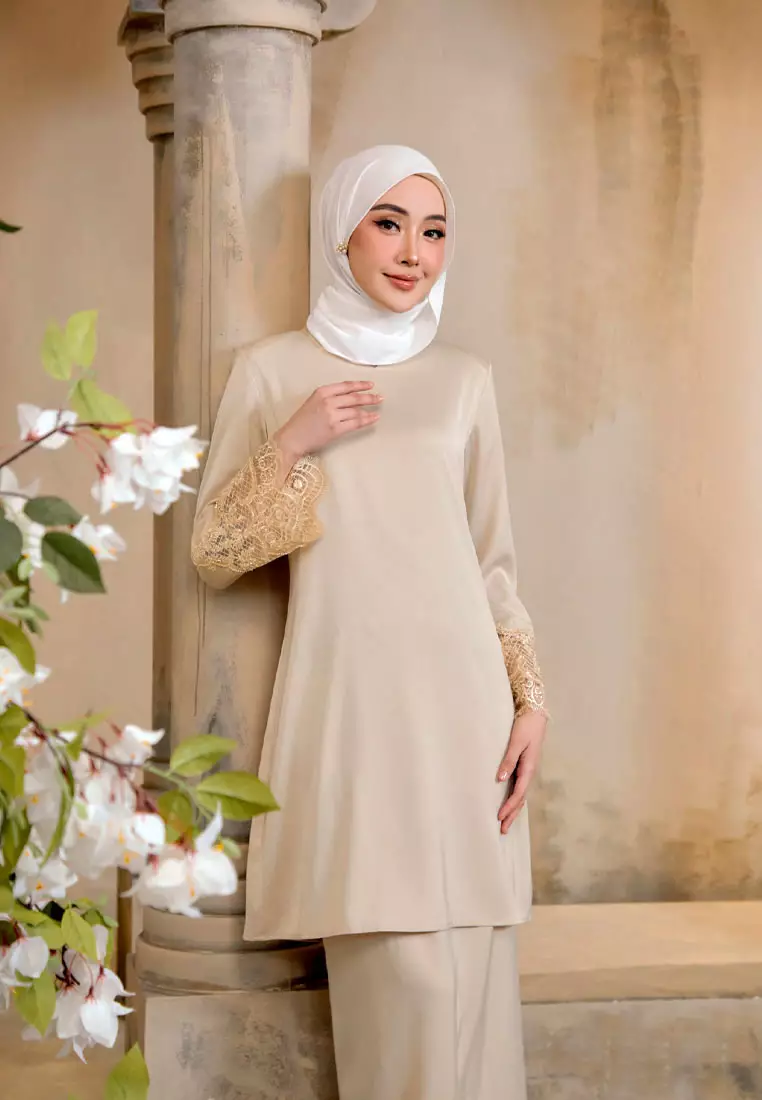 Sutera Champagne Satin Baju Kurung Modern with 3D Beading Lace Sleeves