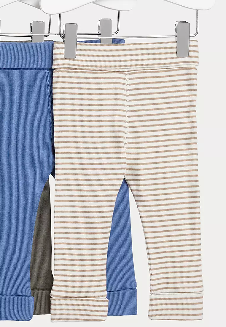 3pk Cotton Rich Plain & Striped Leggings