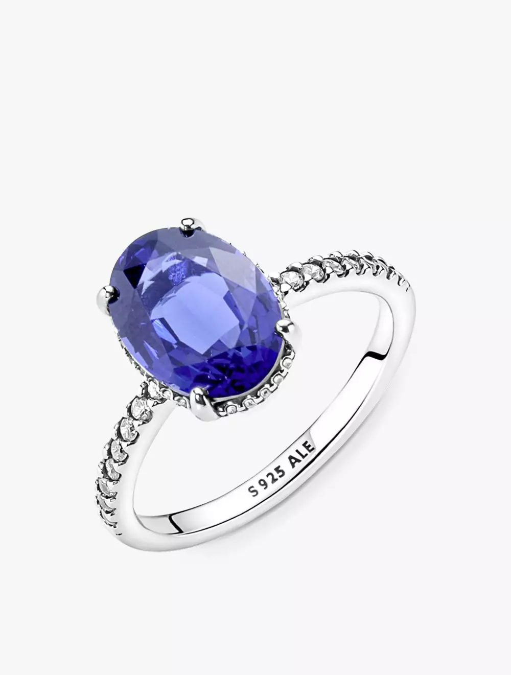 Sterling silver ring with princess blue crystal and clear cubic zirconia