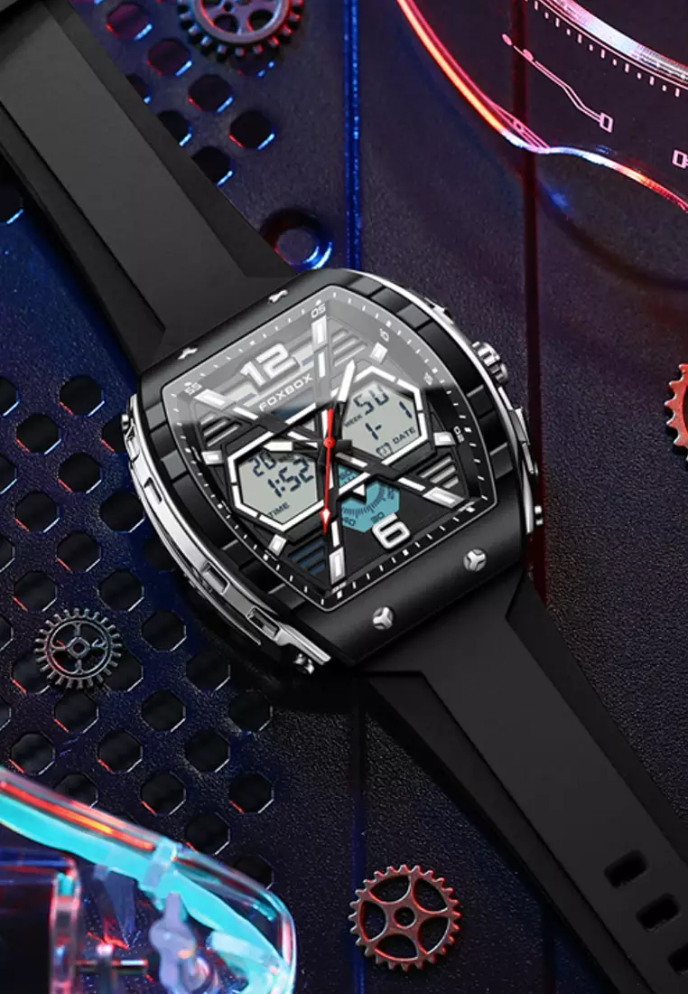 FOXBOX Chronograph Unisex Silver Color Metal Alloy Quartz Watch, 50x48mm, Black Dial, Black Rubber Strap