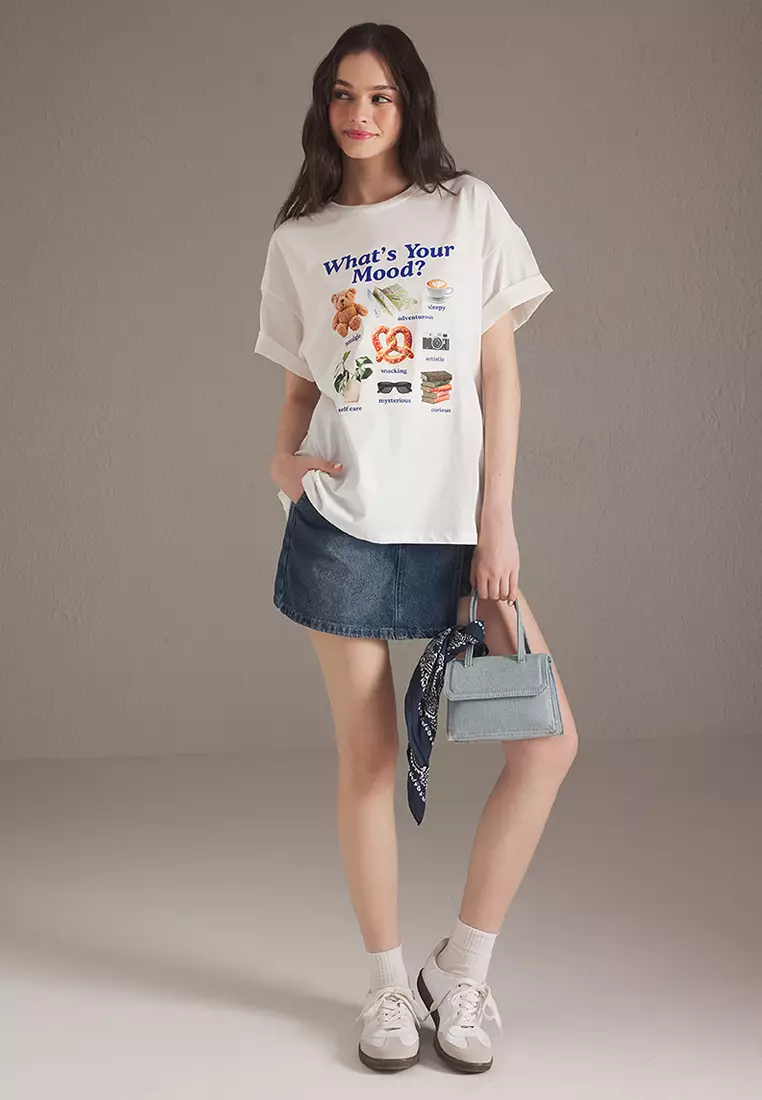 Ecru 100% Cotton Oversize/Wide Pattern Printed Knitted T-Shirt TWOSS25TS00166