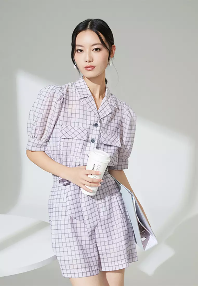 Grid Design Smart Casual Office Blouse and Shorts Set