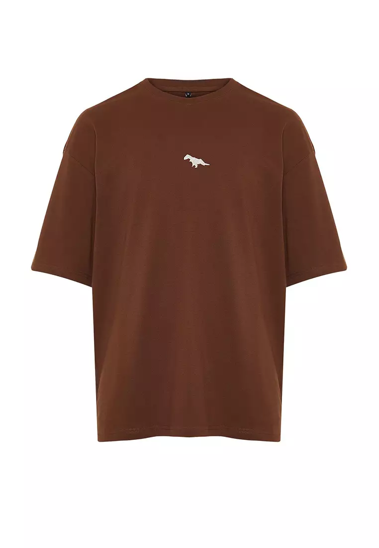Brown Oversize/Wide Cutting Dinosaur Embroidered 100% Cotton T-Shirt TMNSS23TS00243 TMNSS23TS00243