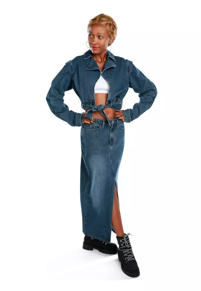 Oh-So-Pretty Knotted Denim Jacket In Mid Navy