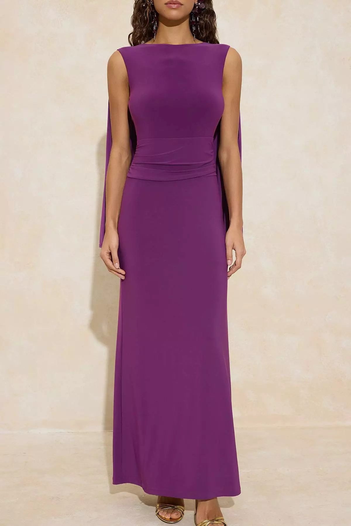 Purple Plain Cape Detail Open Back Maxi Evening Dress & Graduation Dress Tprss26Ae23