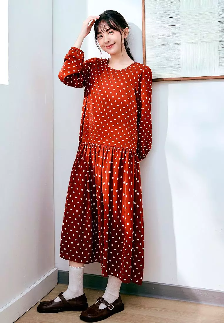 Buy OBSTYLE Vintage Polka Dot Low-Waist Flared Long Sleeve Maxi Dress   Mori Style [DA10210] Online | ZALORA Malaysia
