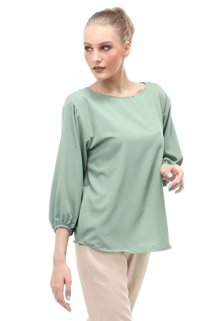 Blouse Lengan Balon Motif Solid Design Simple Regular Fit - Minty Green