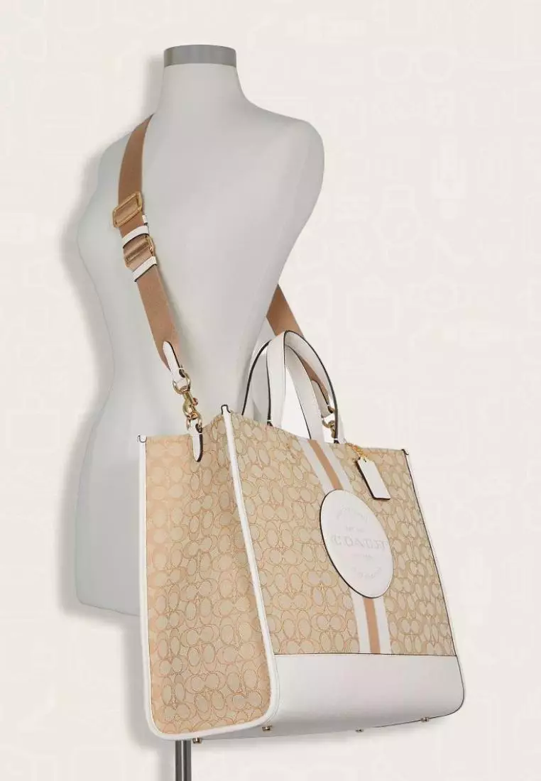 Coach Dempsey Tote 40 In Signature Jacquard With Stripe And Coach Patch Light Khaki Chalk