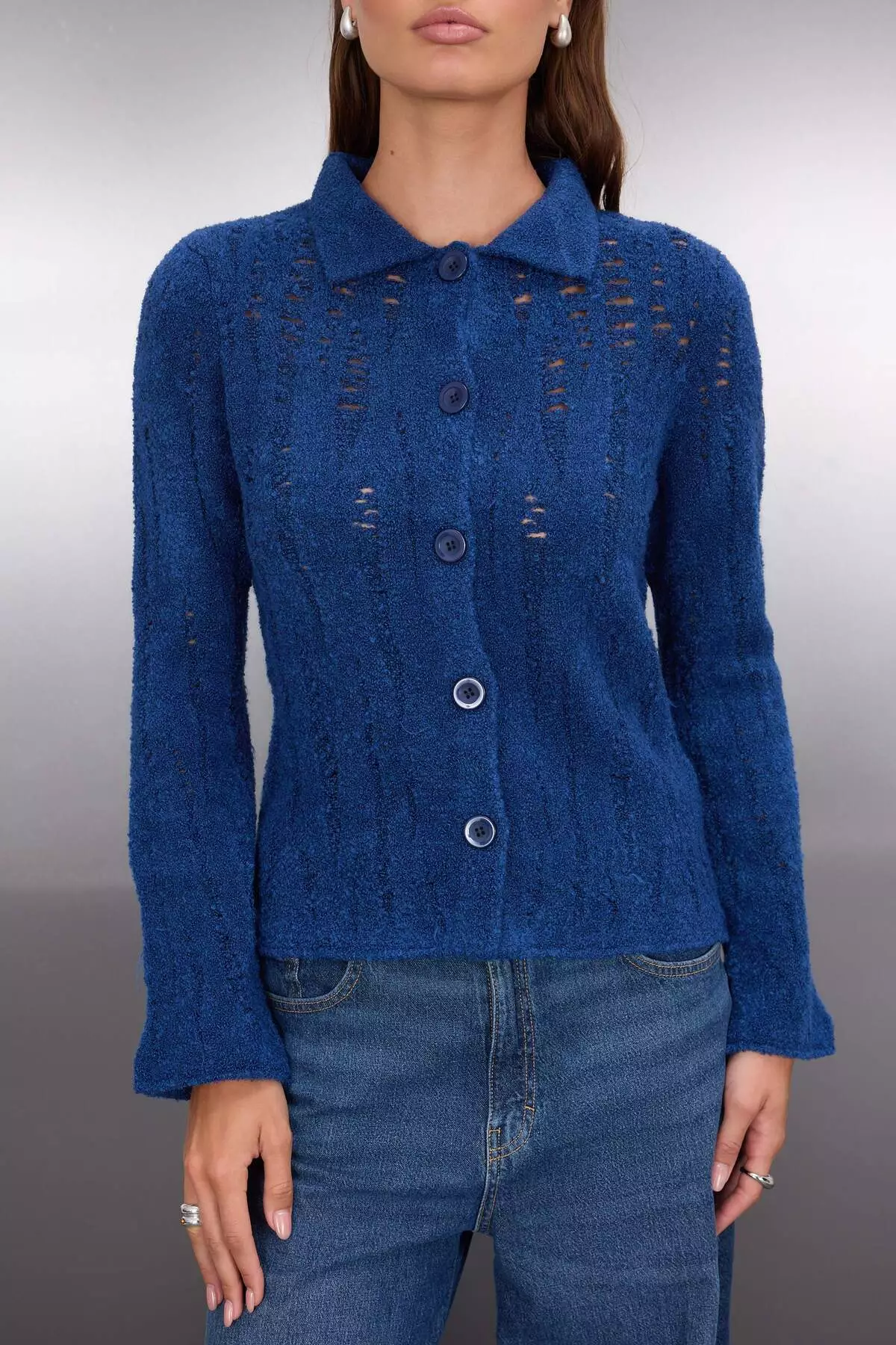 Indigo Fitted/Body-Smoothing Boucle Yarn Knitwear Cardigan Twoaw26Hi00192