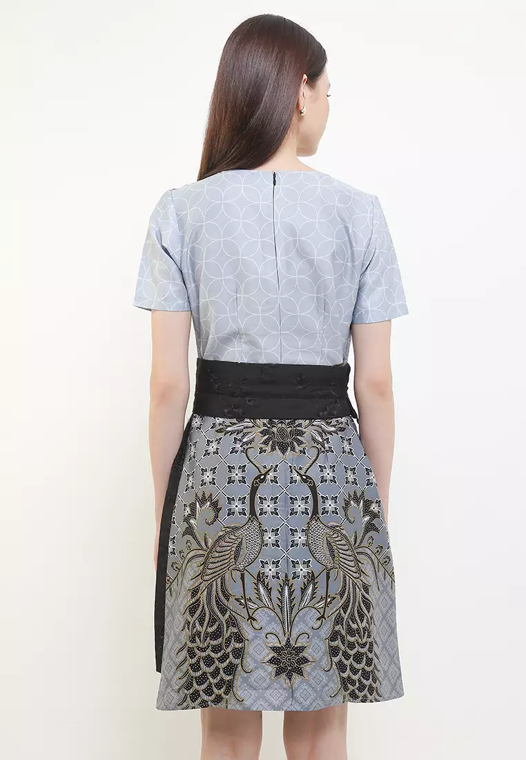 Dress Batik Wanita Furing Kombinasi Obi Aswangga Grey Lengan Pendek