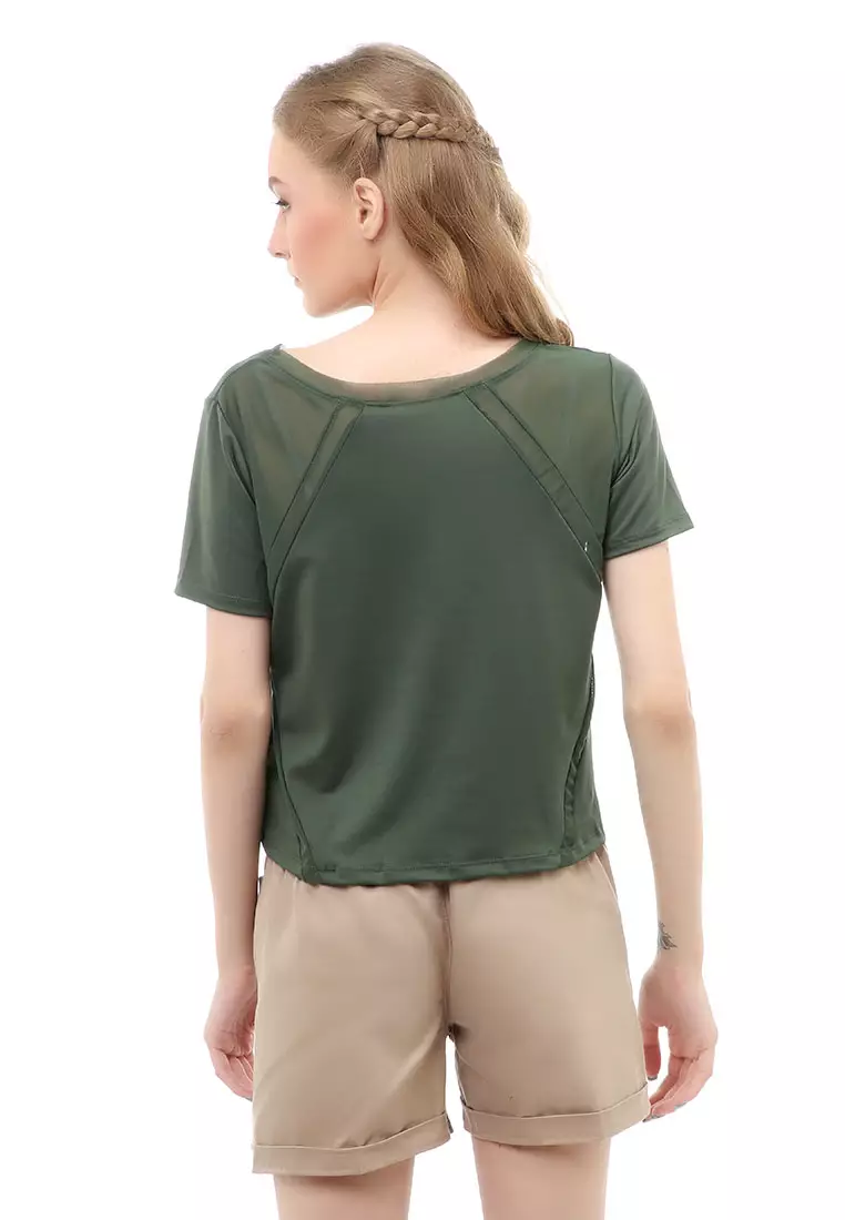 Wish Baju Olahraga Kaos Sport Wanita Short Sleeve Absorb Sweat Kombinasi Jaring Material Polyester ORIGINAL - Green Bottle