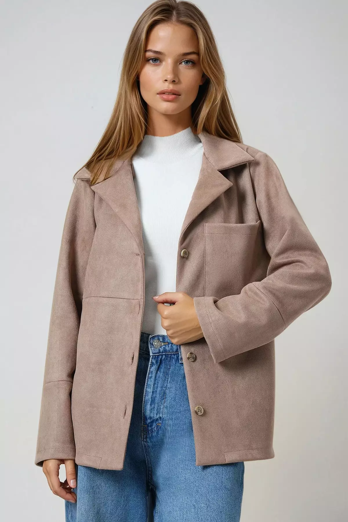 Mink Single Pocket Faux Suede Jacket With Stitching Detail Alc-X14404